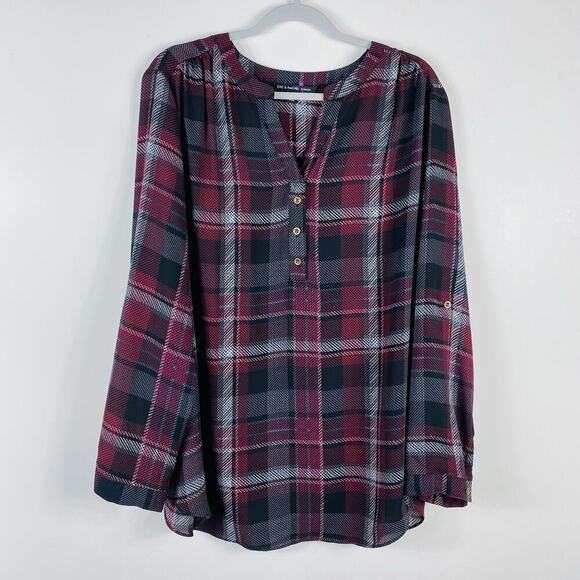 Zac & Rachel Plus Size 2X Plaid Roll Tab Sleeve Popover Bouse Top Red - Picture 1 of 4